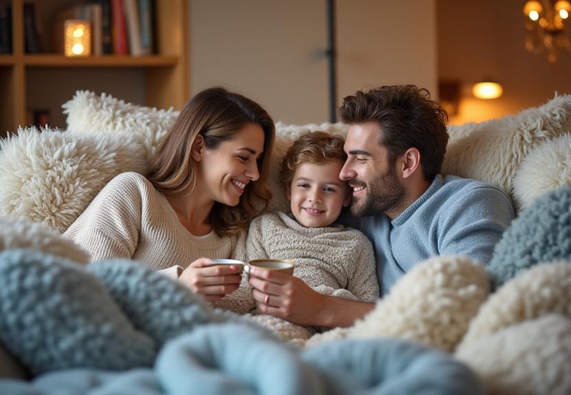 Famiglia gode tessuti lusso a casa
